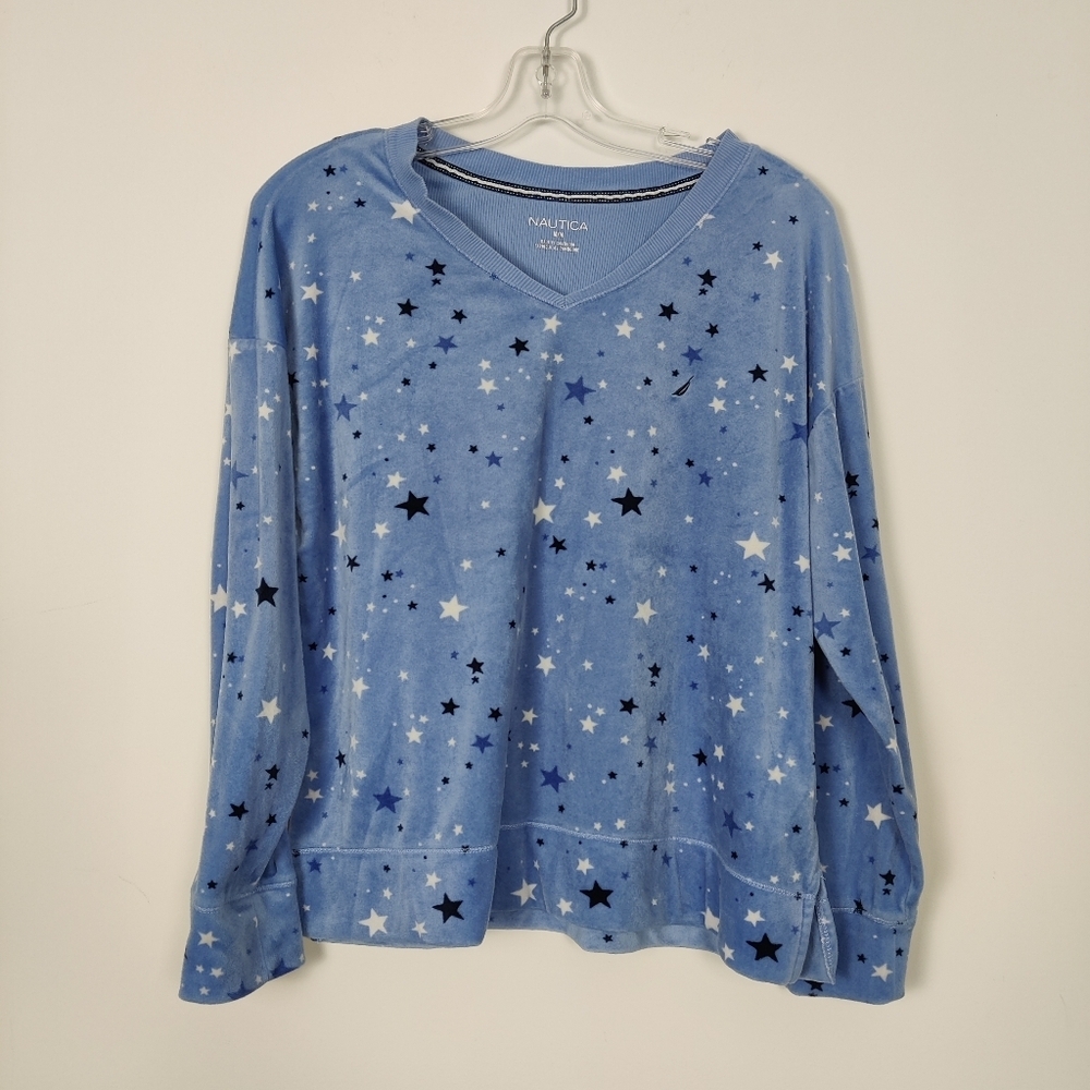 Nautica Women's Star Print Fleece Sherpa Loungewear Top Size Medium Cozy